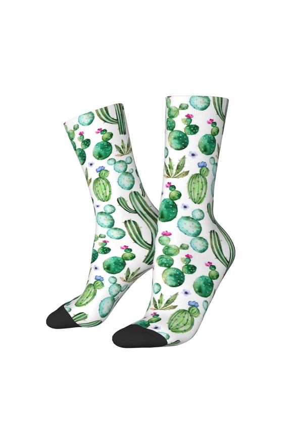 Cactus Plants1 Print Contrast Color Mid-calf Socks, Sweat-wicking Athletic Socks, Unisex Clothing Accessories