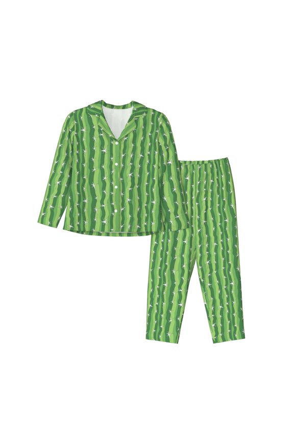 Cactus Print Women's Long Sleeve Pajama Set, Button Top Elastic Pocket Pajama Pants Two Piece Set Home Wear-Large