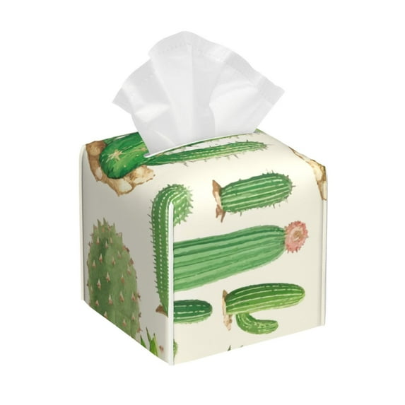 Gukieu Cactus And Succulent Print Leather Tissue Box, PVC Waterproof Velcro Opening and Closing Square Tissue Box Holder, Suitable for Home and Office Decoration