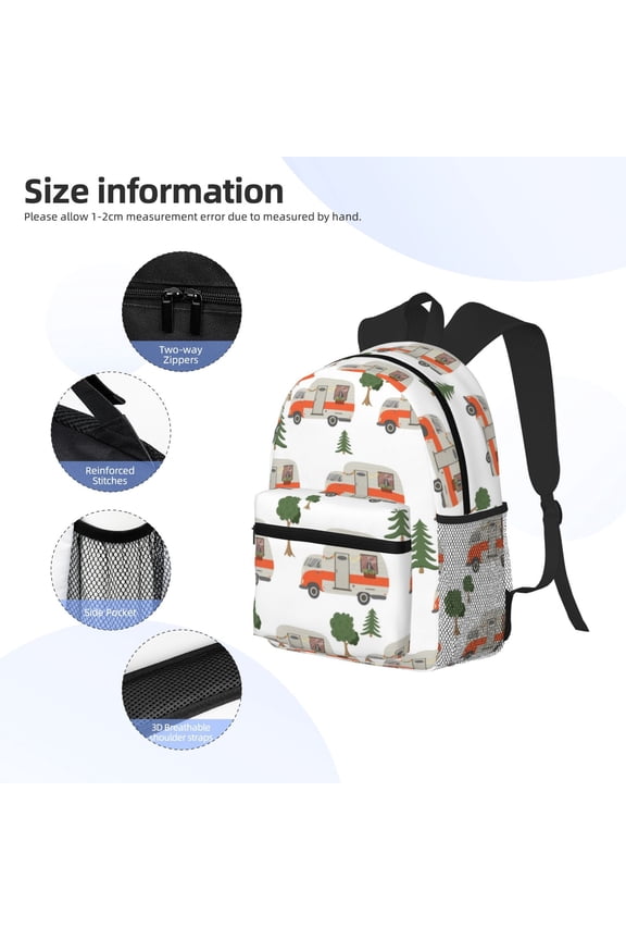 Camp Van Print Backpack, Waterproof Backpack with Adjustable Shoulder Straps, Suitable for Campus, Business, Travel, Unisex