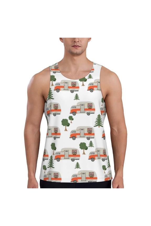 Camp Van Print Men's Quick Dry Fitness Vest, Round Neck Sleeveless Fitness Bodybuilding Top-Small