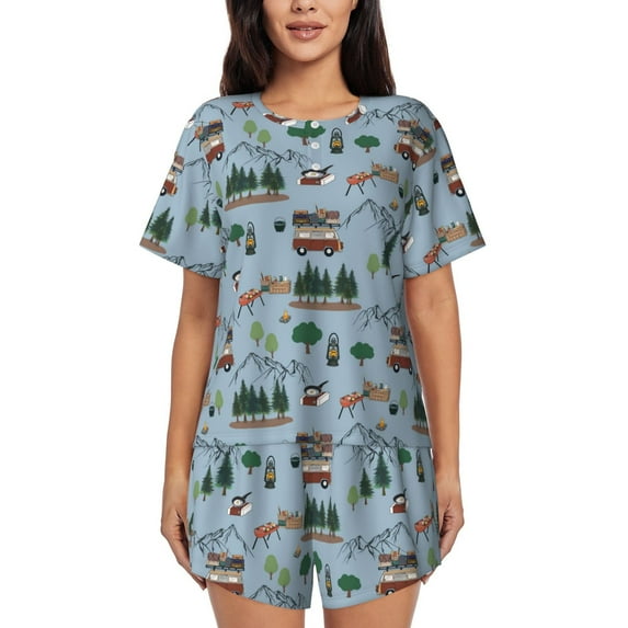 Gukieu Camping Caravan Print Women's Short-sleeved Pajama Set, Round Neck Button Top Elastic Shorts 2-piece Set, Summer Home Leisure Clothing-XX-Large