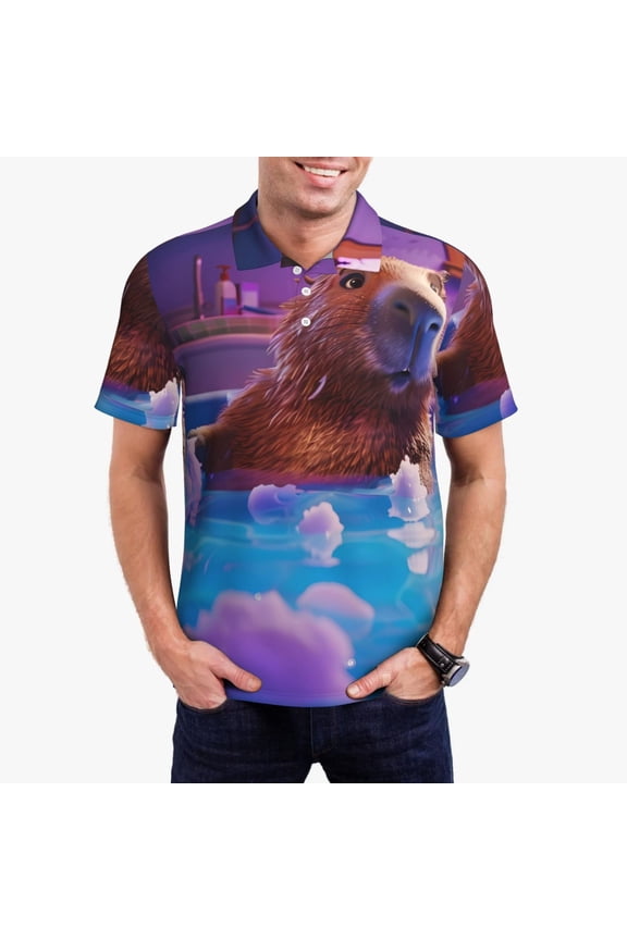 Capybara Bathtub Fun Print Men's Quick-drying POLO Shirt, Button-down Summer T-shirt, Suitable for Work and Outdoor Activities-Small