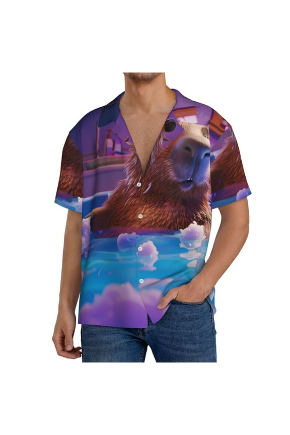 Capybara Bathtub Fun Print Men's Short-sleeved Shirts, Button-down Pocket Shirts, T-shirts, Beach Vacation Travel Summer Clothing-X-Large