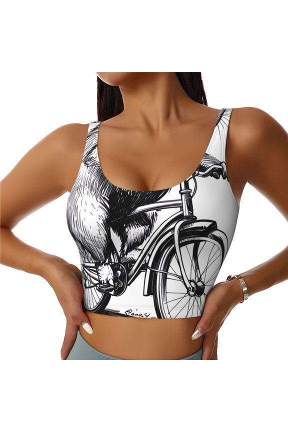 Capybara Riding Bicycle Print Women's Sports Vest, Low-neck U-shaped Removable Pad Sports Bra for Yoga, Exercise, Dance-Medium
