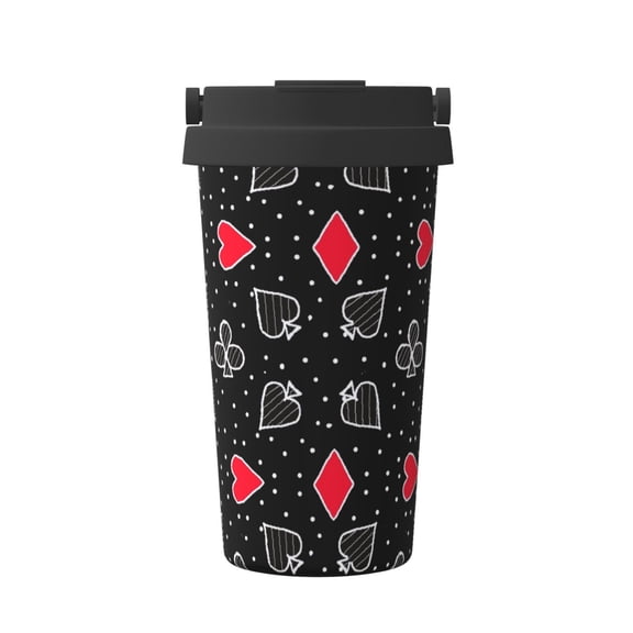 Gukieu Card Suits Print Insulated Coffee Cup, Portable Stainless Steel Vacuum Cup with Lid, Unisex, Suitable for Office, Cafe, Car