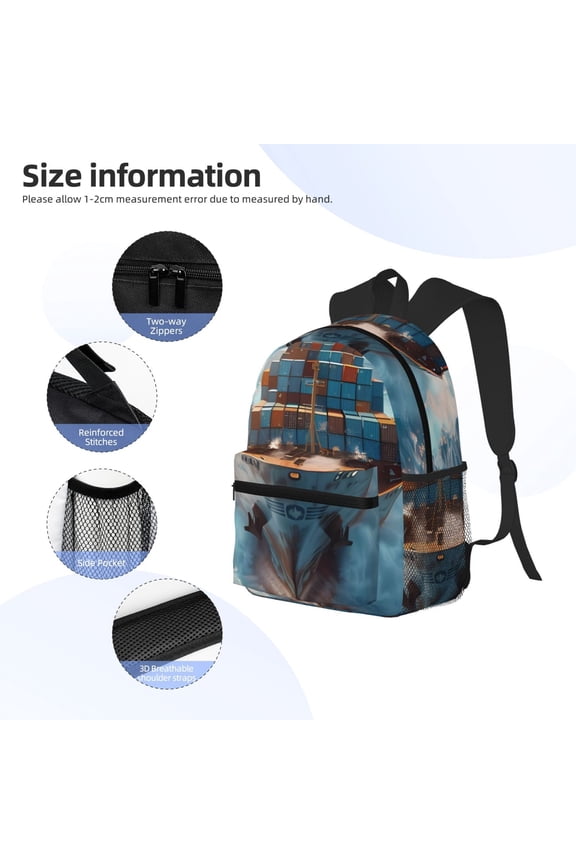 Cargo Ship At Sea Print Backpack, Waterproof Backpack with Adjustable Shoulder Straps, Suitable for Campus, Business, Travel, Unisex