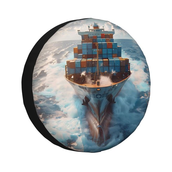 Gukieu Cargo Ship At Sea Print Car Tire Cover, Adjustable Waterproof and Dustproof Tire Protection Cover, Suitable for SUV, Truck, Van-15 inch