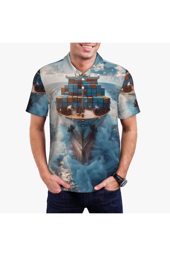 Cargo Ship At Sea Print Men's Quick-drying POLO Shirt, Button-down Summer T-shirt, Suitable for Work and Outdoor Activities-Small