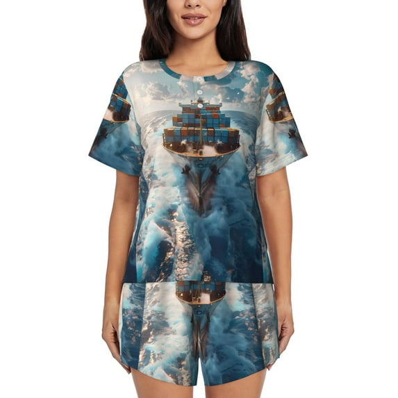 Gukieu Cargo Ship At Sea Print Women's Short-sleeved Pajama Set, Round Neck Button Top Elastic Shorts 2-piece Set, Summer Home Leisure Clothing-4X-Large