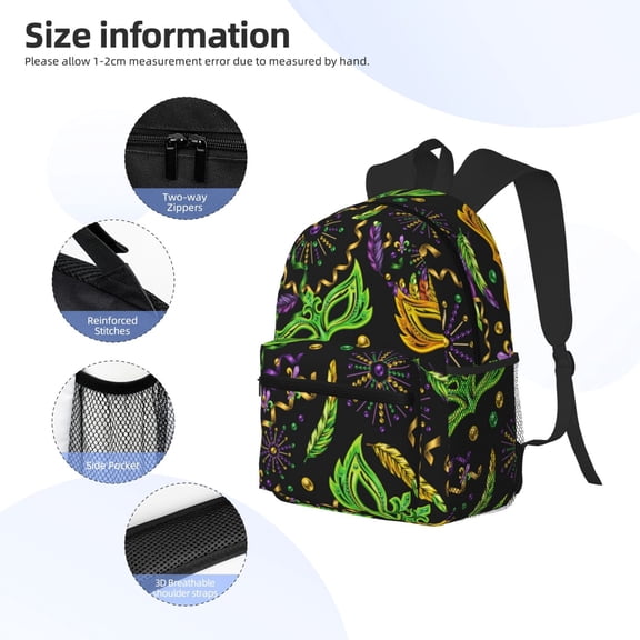 Gukieu Carnival Mardi Gras3 Print Backpack, Waterproof Backpack with Adjustable Shoulder Straps, Suitable for Campus, Business, Travel, Unisex