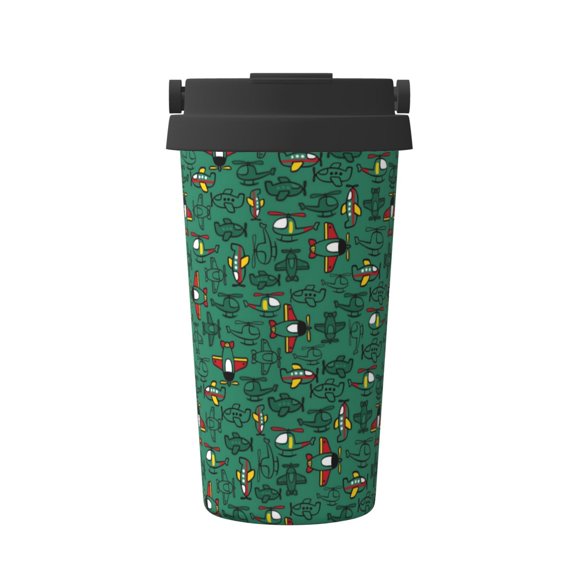 Gukieu Cartoon Air Transportation Print Insulated Coffee Cup, Portable Stainless Steel Vacuum Cup with Lid, Unisex, Suitable for Office, Cafe, Car