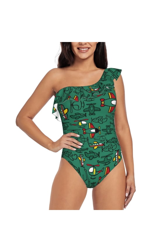 Cartoon Air Transportation Print One-shoulder Ruffled One-piece Swimsuit with Removable Chest Pads and Tummy-control Swimsuit for Women-XX-Large
