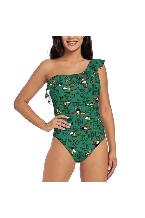 Cartoon Air Transportation Print One-shoulder Ruffled One-piece Swimsuit with Removable Chest Pads and Tummy-control Swimsuit for Women-Large