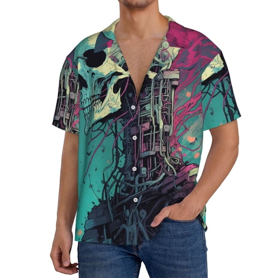 Gukieu Cartoon Art Skull Print Men's Short-sleeved Shirts, Button-down Pocket Shirts, T-shirts, Beach Vacation Travel Summer Clothing-Small