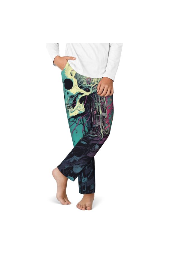 Cartoon Art Skull Print Youth Home Trousers, Elastic Waistband with Pockets for Home and Outing, Suitable for Children Aged 5-16-XS(5-6)