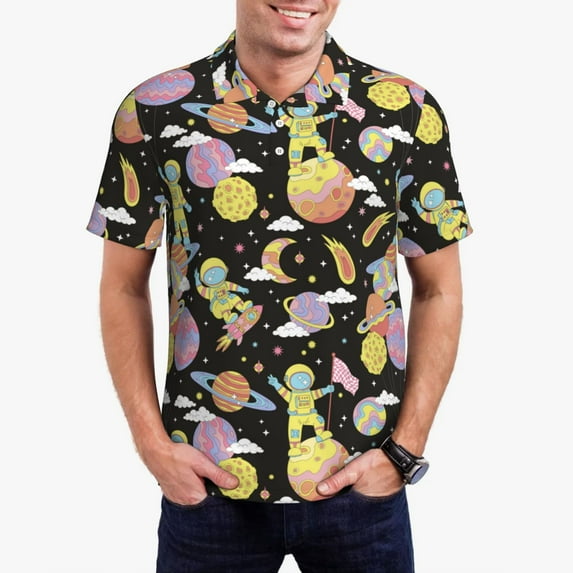 Gukieu Cartoon Astronaut In Spacesuit Print Men's Quick-drying POLO Shirt, Button-down Summer T-shirt, Suitable for Work and Outdoor Activities-X-Large