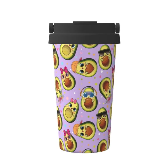 Gukieu Cartoon Avocados Print Insulated Coffee Cup, Portable Stainless Steel Vacuum Cup with Lid, Unisex, Suitable for Office, Cafe, Car