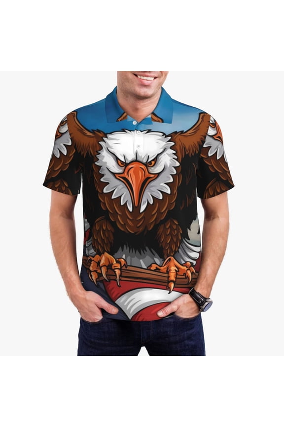 Cartoon Bald Eagle USA Print Men's Quick-drying POLO Shirt, Button-down Summer T-shirt, Suitable for Work and Outdoor Activities-Small