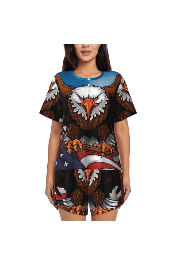 Cartoon Bald Eagle USA Print Women's Short-sleeved Pajama Set, Round Neck Button Top Elastic Shorts 2-piece Set, Summer Home Leisure Clothing-Medium