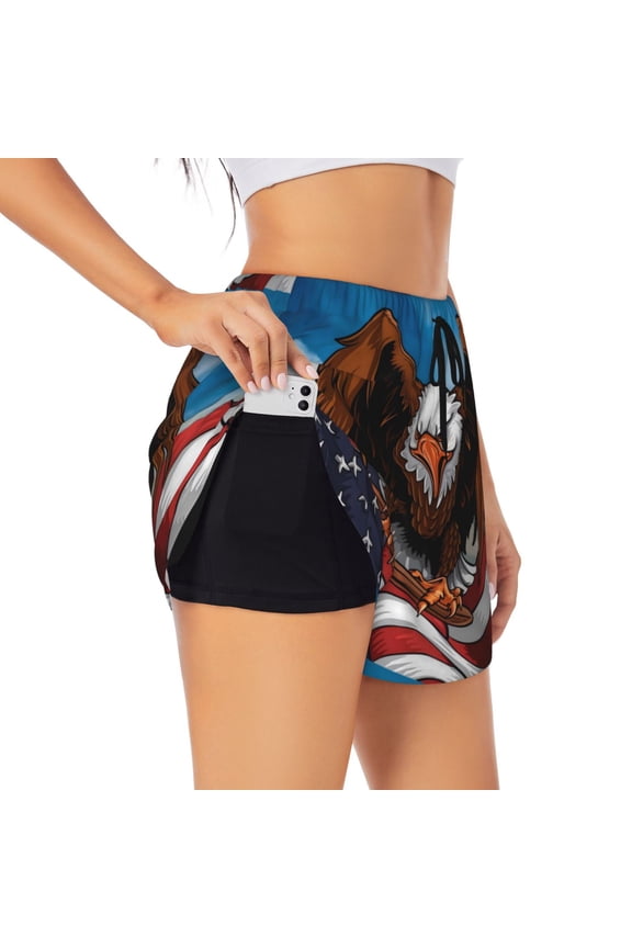 Cartoon Bald Eagle USA Print Women's Sports Shorts with Drawstring Elastic Waistband for Running, Yoga, Fitness-Large