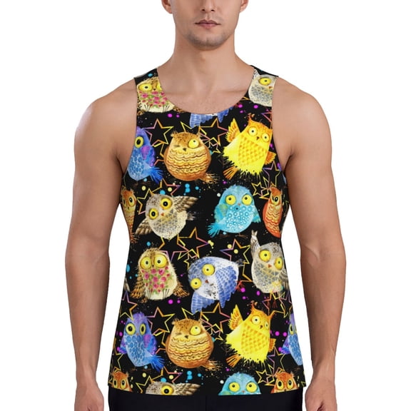 Gukieu Cartoon Bird Owl Print Men's Quick Dry Fitness Vest, Round Neck Sleeveless Fitness Bodybuilding Top-Large