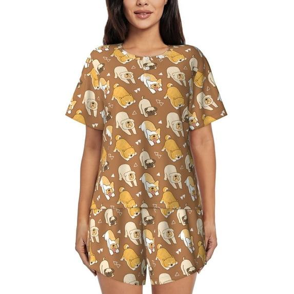 Gukieu Cartoon Bulldog Print Women's Short-sleeved Pajama Set, Round Neck Button Top Elastic Shorts 2-piece Set, Summer Home Leisure Clothing-Medium