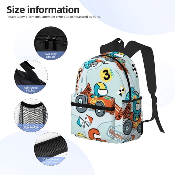 Gukieu Cartoon Car Racing Print Backpack, Waterproof Backpack with Adjustable Shoulder Straps, Suitable for Campus, Business, Travel, Unisex