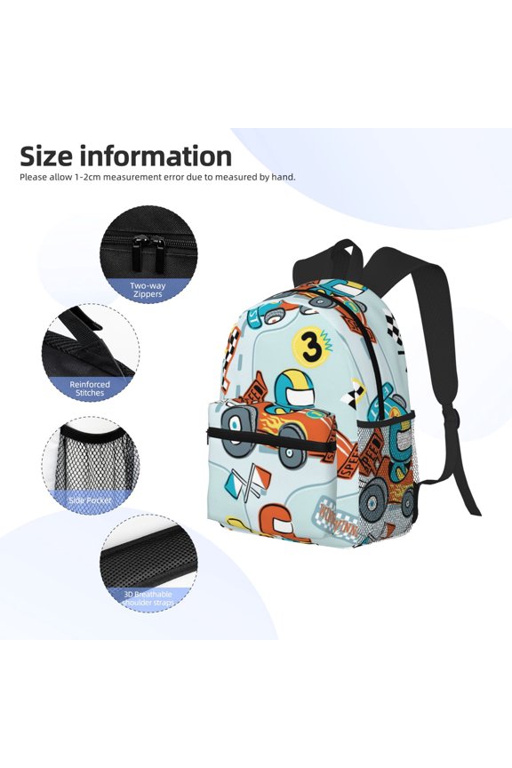 Cartoon Car Racing Print Backpack, Waterproof Backpack with Adjustable Shoulder Straps, Suitable for Campus, Business, Travel, Unisex