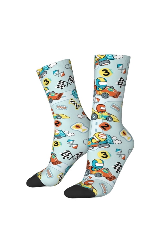 Cartoon Car Racing Print Contrast Color Mid-calf Socks, Sweat-wicking Athletic Socks, Unisex Clothing Accessories
