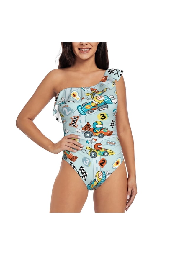 Cartoon Car Racing Print One-shoulder Ruffled One-piece Swimsuit with Removable Chest Pads and Tummy-control Swimsuit for Women-Small