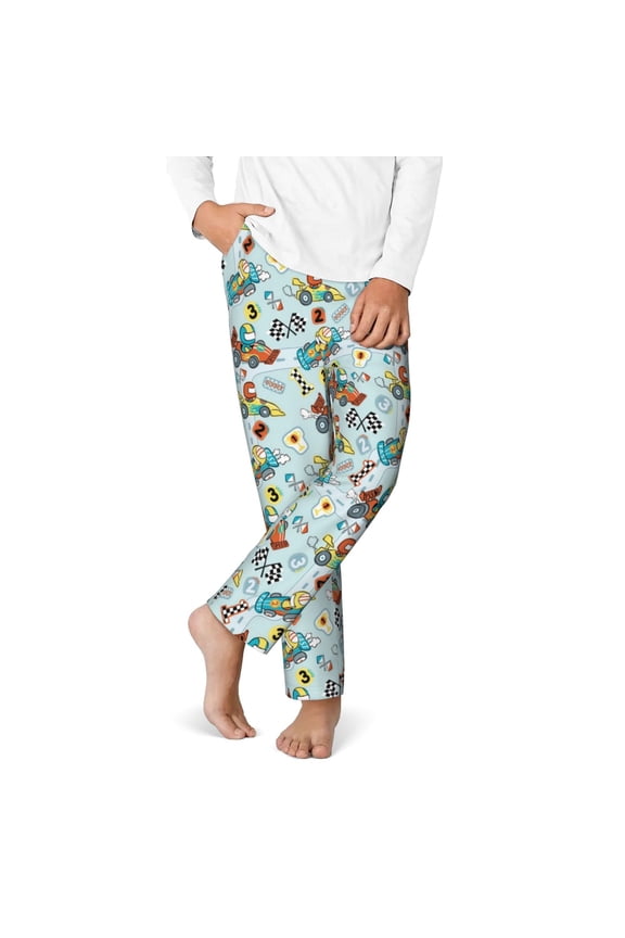 Cartoon Car Racing Print Youth Home Trousers, Elastic Waistband with Pockets for Home and Outing, Suitable for Children Aged 5-16-XS(5-6)