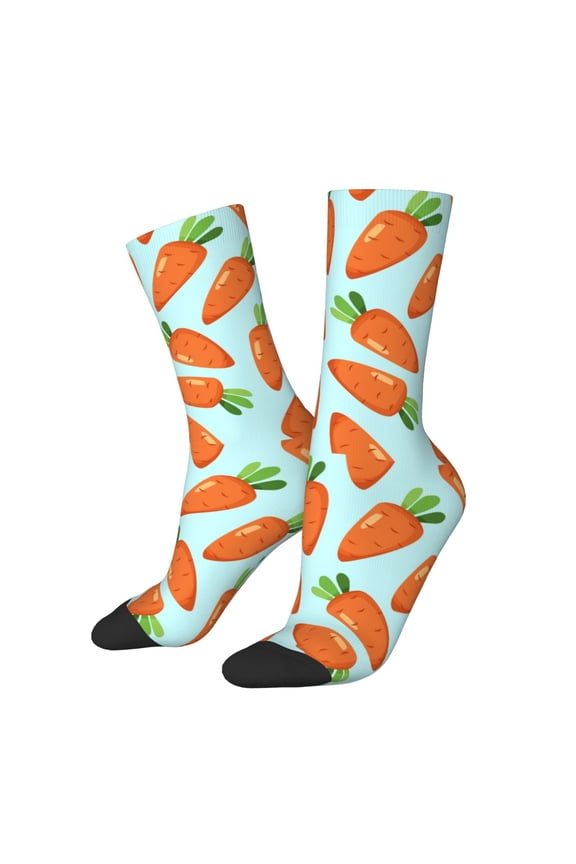 Cartoon Carrot Print Contrast Color Mid-calf Socks, Sweat-wicking Athletic Socks, Unisex Clothing Accessories