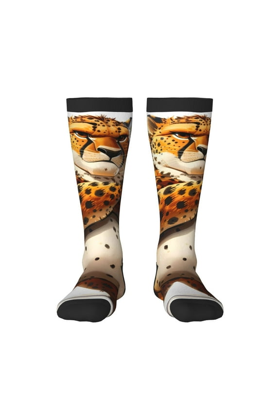 Cartoon Cheetah With Attitude Print Contrast Color Stockings, Elastic Sports Socks Warm Socks Clothing Accessories, Adult Unisex