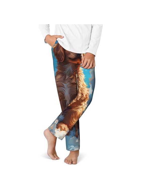Cartoon Cloud Puppy Print Youth Home Trousers, Elastic Waistband with Pockets for Home and Outing, Suitable for Children Aged 5-16-XS(5-6)