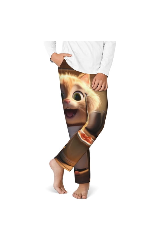 Cartoon Cooking Cat Print Youth Home Trousers, Elastic Waistband with Pockets for Home and Outing, Suitable for Children Aged 5-16-Large