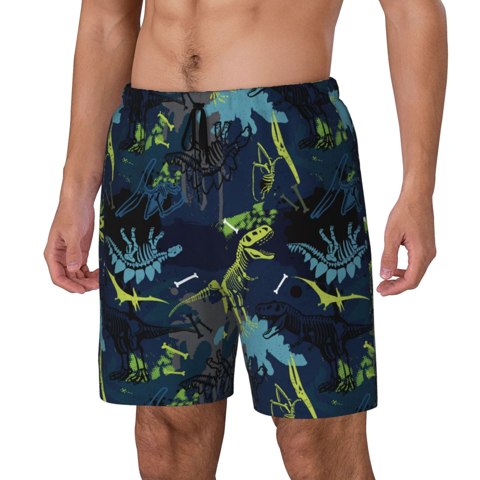 Gukieu Cartoon Dinosaur Print Men's Double Layer Sports Swim Trunks, Quick Dry Adjustable Waist Swim Shorts Swimwear-Medium