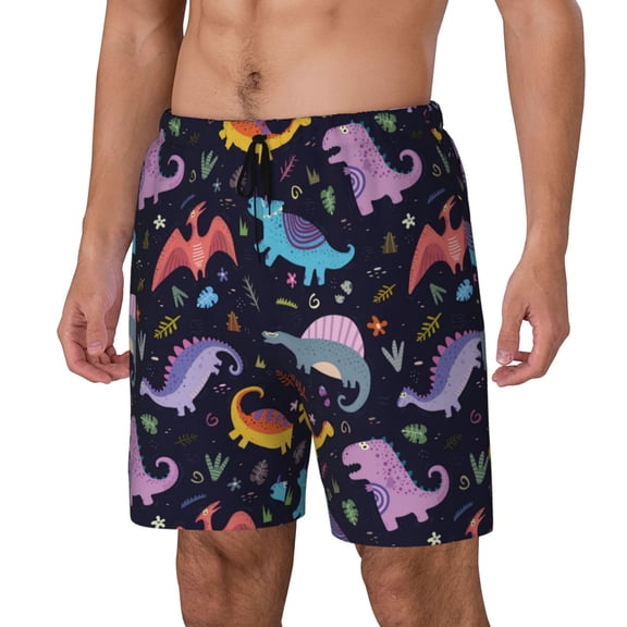 Gukieu Cartoon Dinosaur Print Men's Double Layer Sports Swim Trunks, Quick Dry Adjustable Waist Swim Shorts Swimwear-Medium