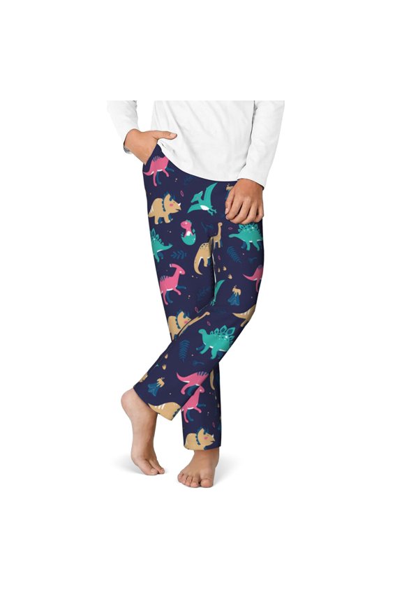 Cartoon Dinosaur Print Youth Home Trousers, Elastic Waistband with Pockets for Home and Outing, Suitable for Children Aged 5-16-Large
