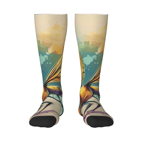 Gukieu Cartoon Dragonfly Art Print Contrast Color Stockings, Elastic Sports Socks Warm Socks Clothing Accessories, Adult Unisex