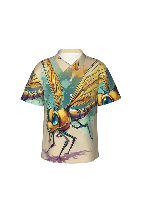 Cartoon Dragonfly Art Print Men's Short-sleeved Shirts, Button-down Lapel Hawaiian Shirts, T-shirts, Beach Vacation Summer Casual Wear,Large