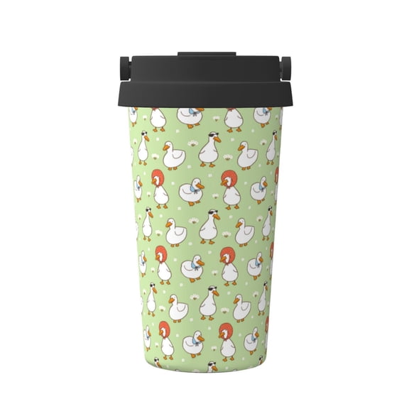 Gukieu Cartoon Duck Print Insulated Coffee Cup, Portable Stainless Steel Vacuum Cup with Lid, Unisex, Suitable for Office, Cafe, Car