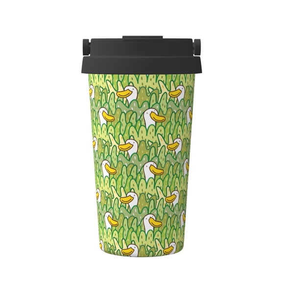Gukieu Cartoon Duck Print Insulated Coffee Cup, Portable Stainless Steel Vacuum Cup with Lid, Unisex, Suitable for Office, Cafe, Car