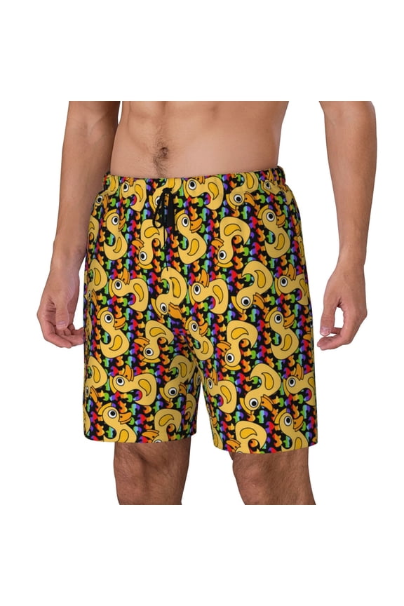 Cartoon Ducks Print Men's Double Layer Sports Swim Trunks, Quick Dry Adjustable Waist Swim Shorts Swimwear-X-Large