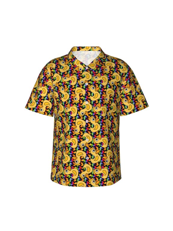 Cartoon Ducks Print Men's Short-sleeved Shirts, Button-down Lapel Hawaiian Shirts, T-shirts, Beach Vacation Summer Casual Wear,Small