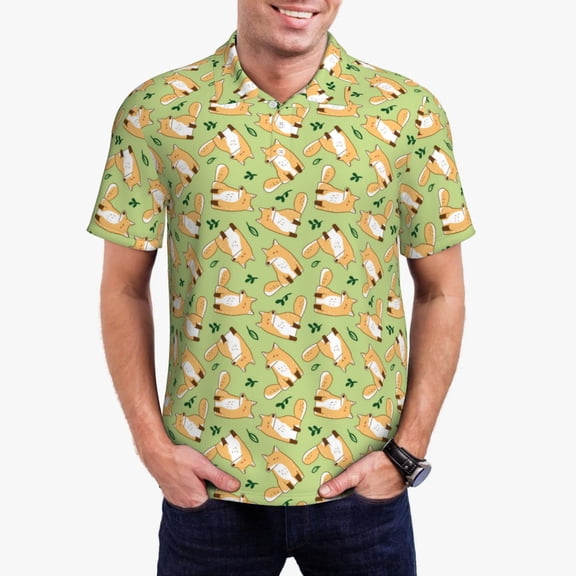 Gukieu Cartoon Fox 2 Print Men's Quick-drying POLO Shirt, Button-down Summer T-shirt, Suitable for Work and Outdoor Activities-Large