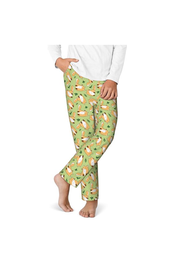 Cartoon Fox 2 Print Youth Home Trousers, Elastic Waistband with Pockets for Home and Outing, Suitable for Children Aged 5-16-Medium