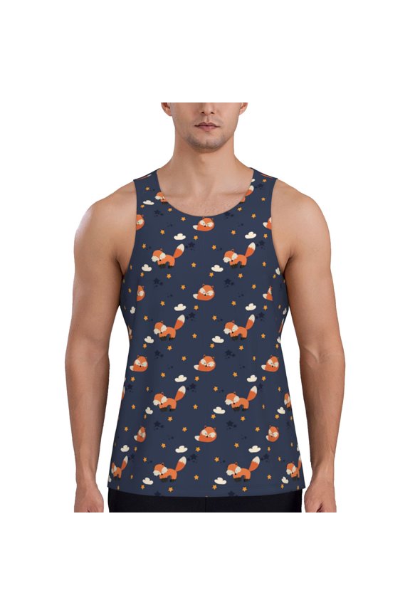 Cartoon Fox Print Men's Quick Dry Fitness Vest, Round Neck Sleeveless Fitness Bodybuilding Top-3X-Large
