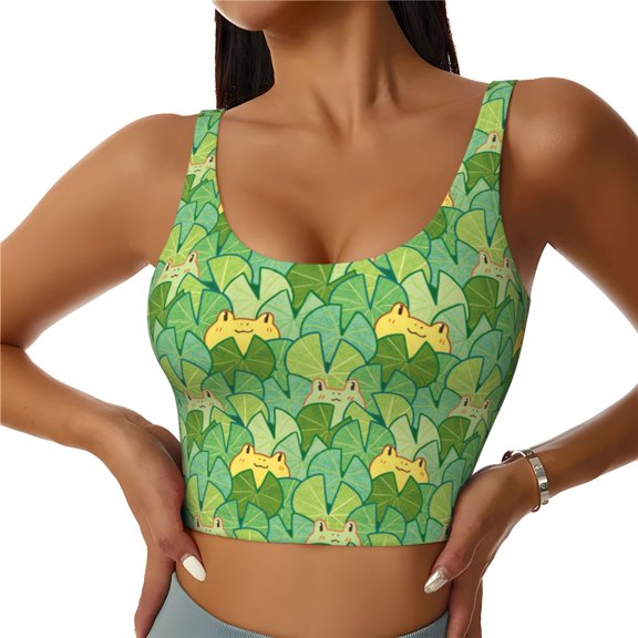 Gukieu Cartoon Frog And Lotus Leaf Print Women's Sports Vest, Low-neck U-shaped Removable Pad Sports Bra for Yoga, Exercise, Dance-Small