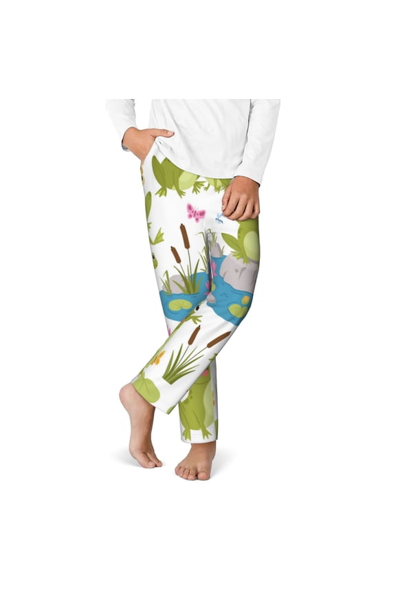 Cartoon Frogs Print Youth Home Trousers, Elastic Waistband with Pockets for Home and Outing, Suitable for Children Aged 5-16-XS(5-6)